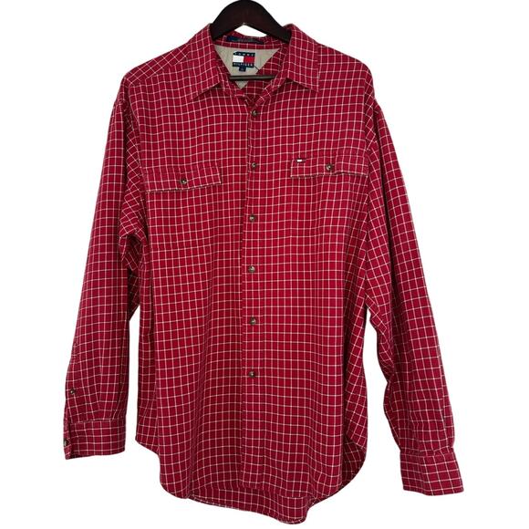 Vintage Y2K Tommy Hilfiger Red Windowpane Plaid Button Up Shirt L Preppy Casual - Picture 1 of 5